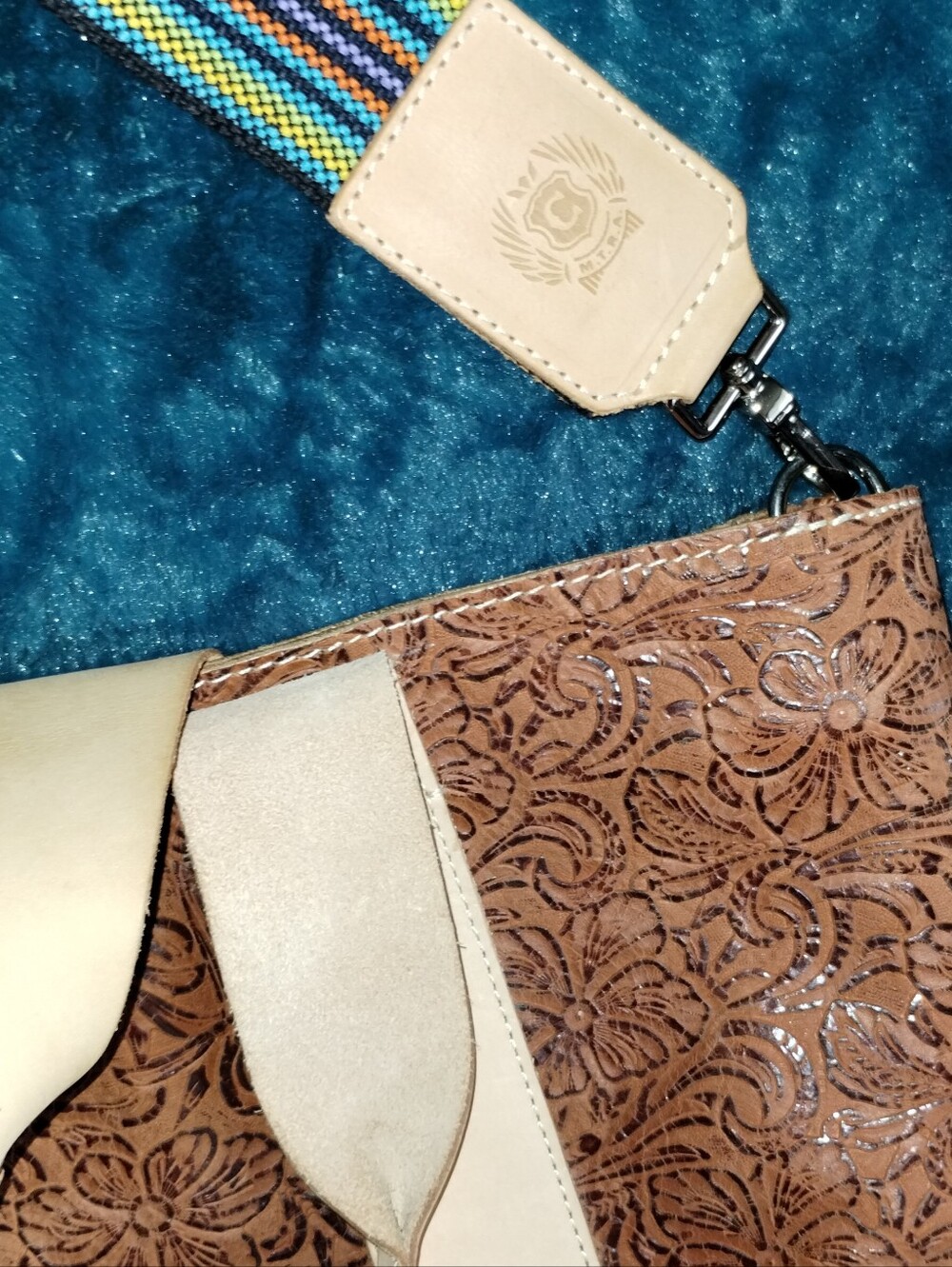 Consuela Brown Floral Tooled Tote Bag Pink Interior Woven Crossbody Strap